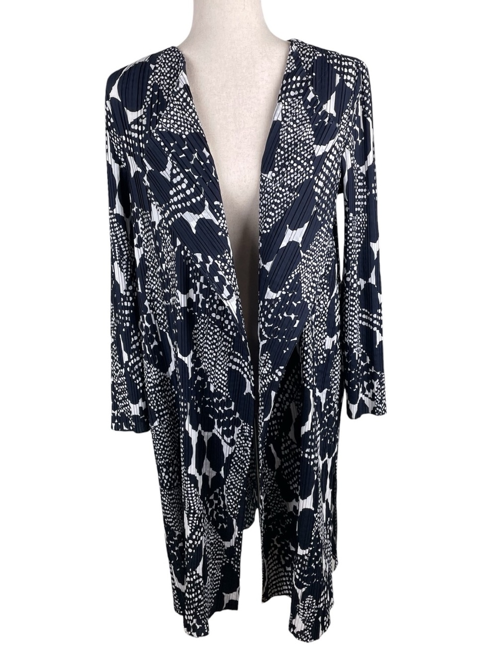 Chico's Travelers Duster Cardigan Size 1 US 8/10 Navy Blue White Dots Crinkle